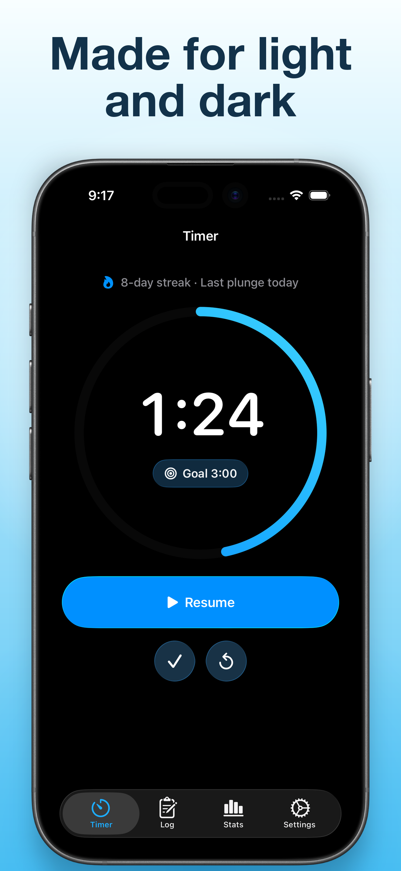 Cold Plunge Timer and Log timer shown in dark mode