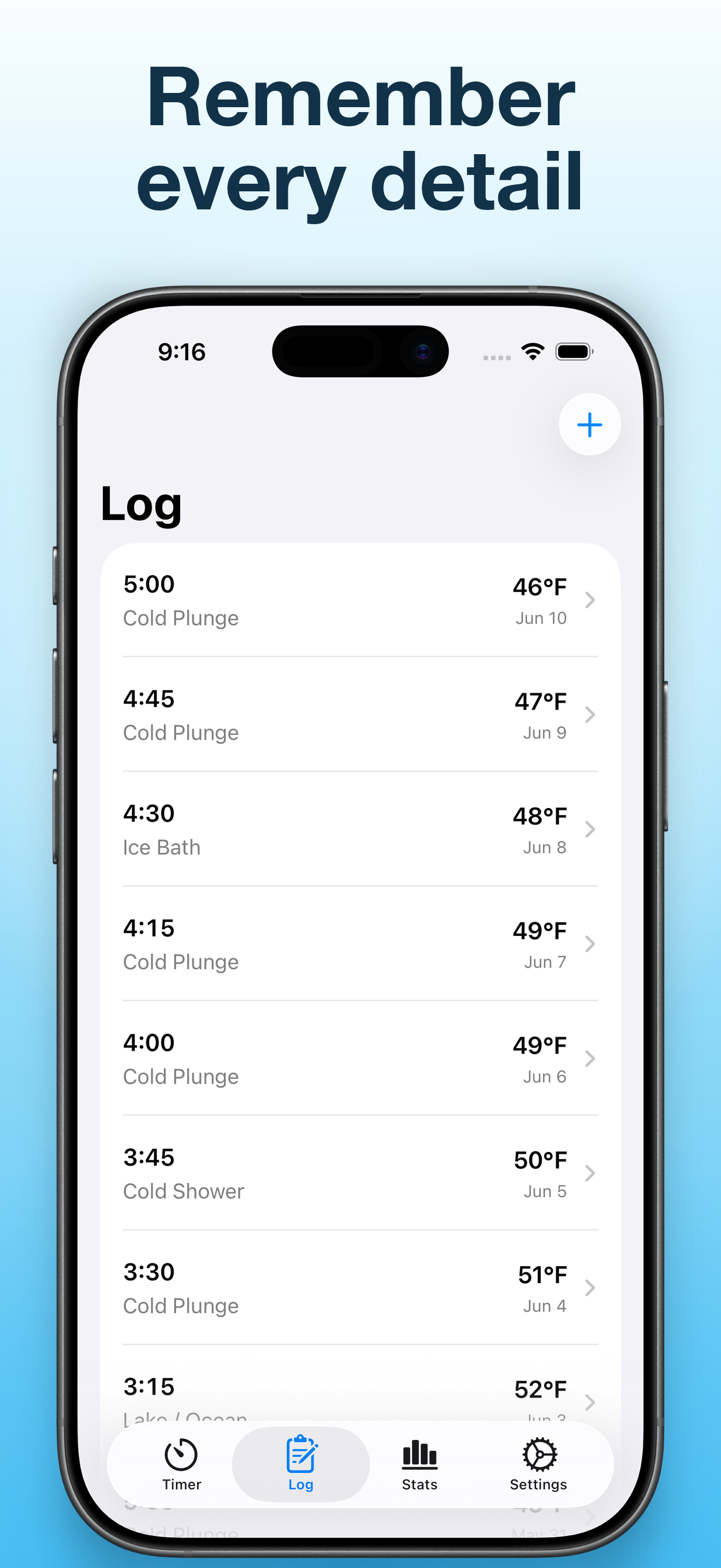 Cold Plunge Timer and Log App Store screenshot showing session logging