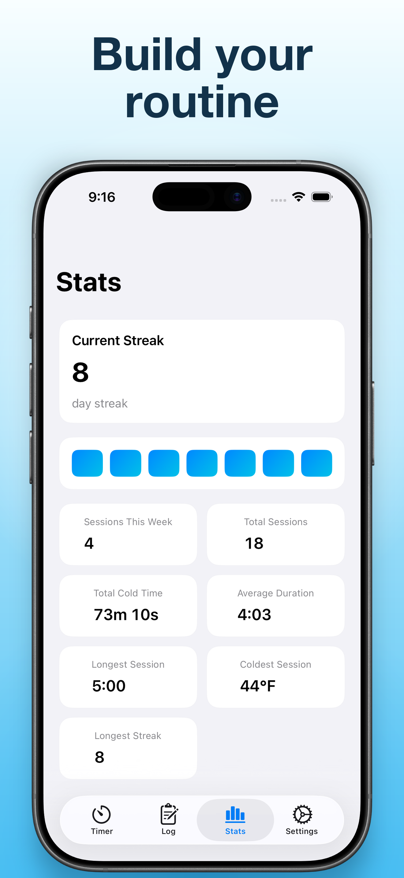 Cold Plunge Timer and Log App Store screenshot showing routine and progress tracking