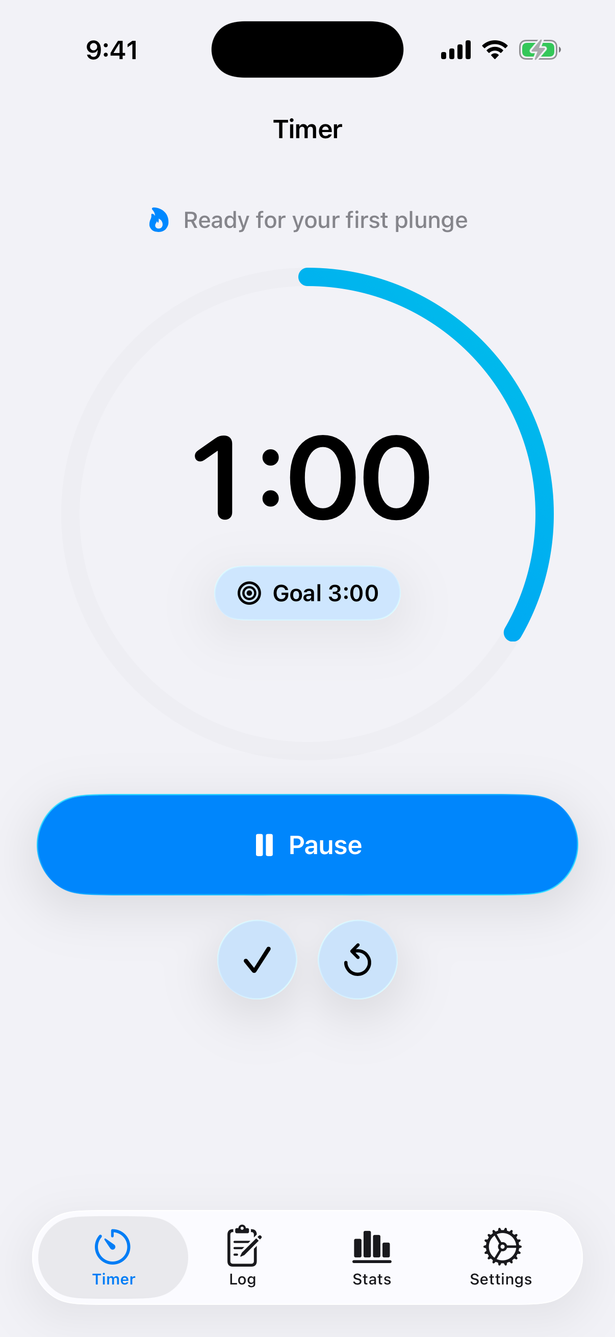Cold Plunge Timer running in the iPhone 17 simulator with the progress ring active