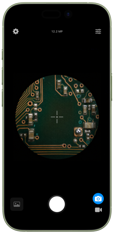 Microscope App electronics inspection view inside an iPhone frame