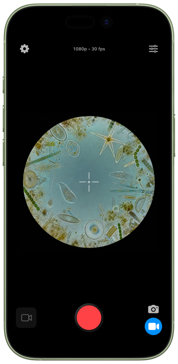 Microscope App configured for video recording inside an iPhone frame