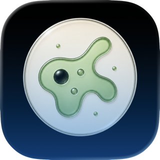Microscope App icon showing a green amoeba inside a glass microscope lens